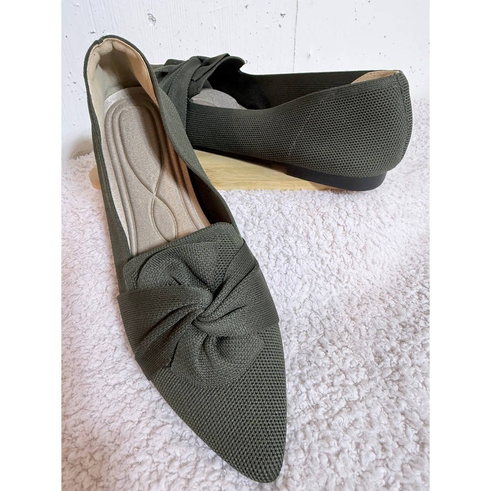 Olive Green Knit Pointed Toe Flats Twisted Knot Slip On Shoes EU 41